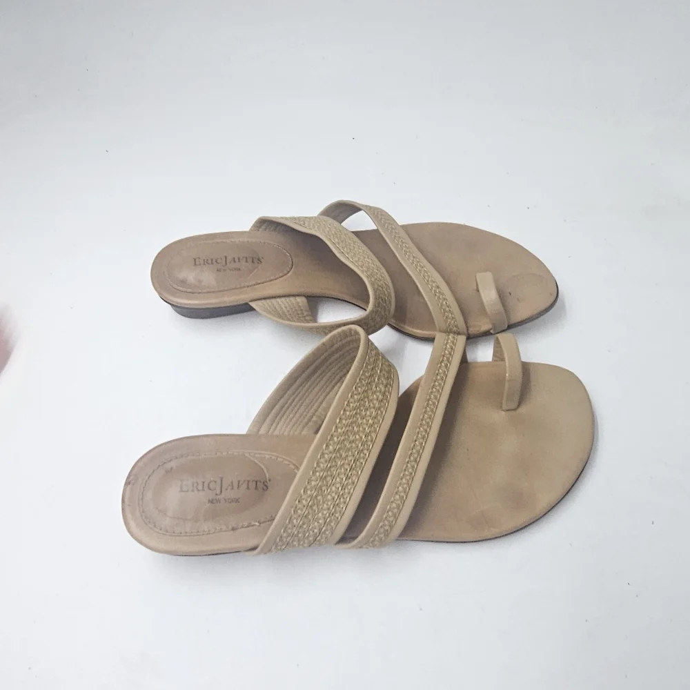 Eric Javits New York Leather Raffia Toe Ring Sandals Italy Womens Size 9.5